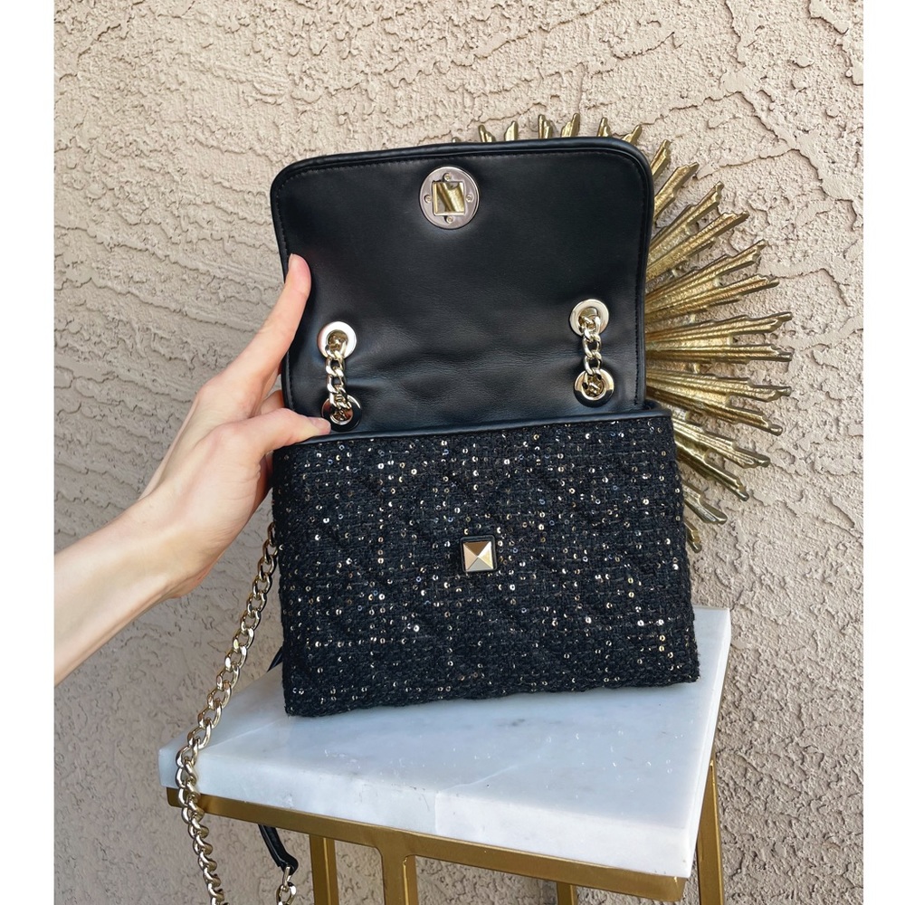 KATE SPADE Black & Gold Quilted Sequin Flap Chain Crossbody Shoulder Bag Purse - Picture 6 of 15